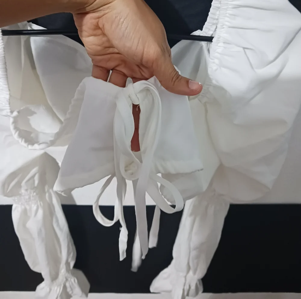 Women sexy white tie puffer elastic long sleeve top - Picture 6 of 16